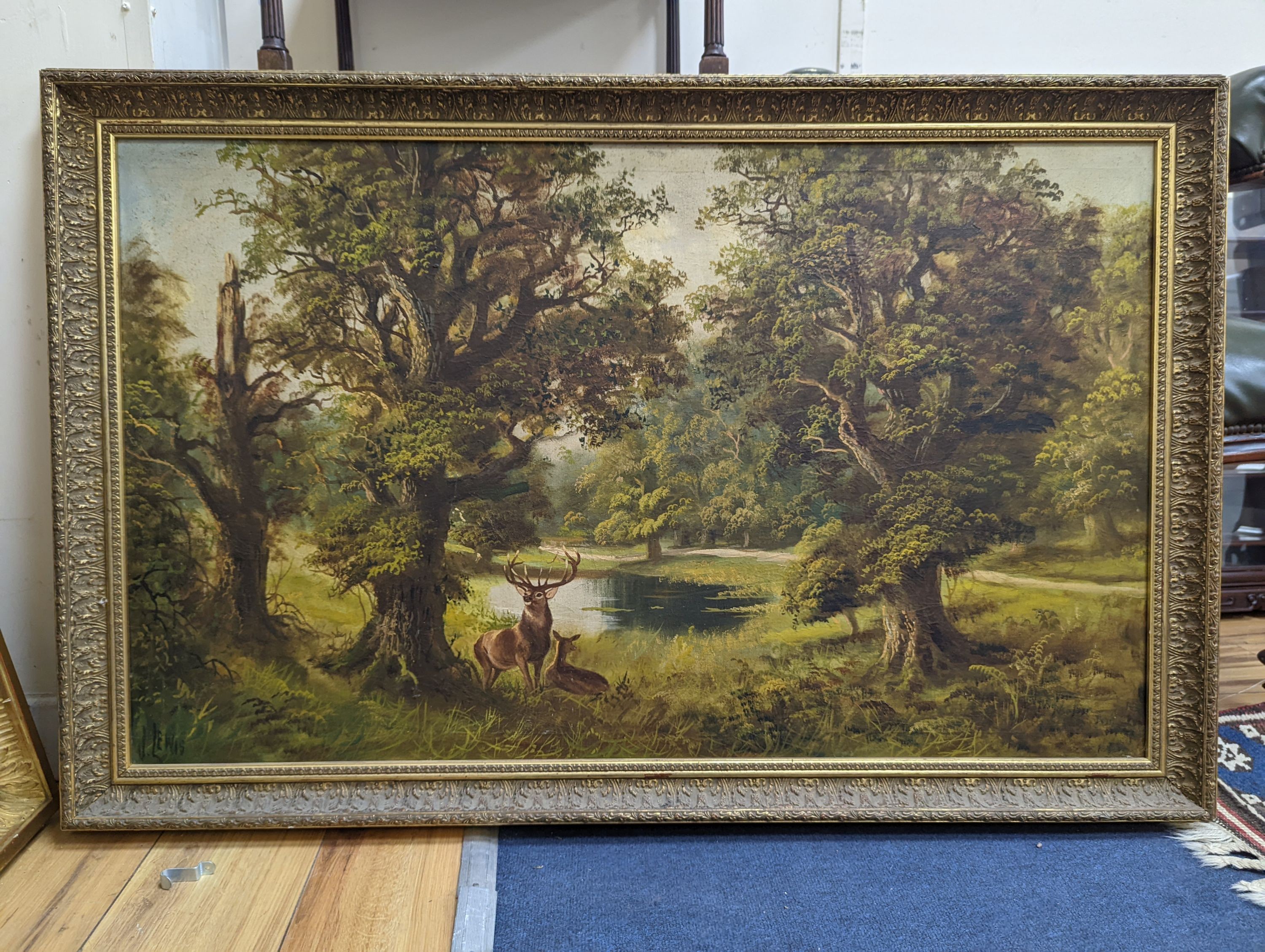 J. Lewis, oil on canvas, Deer in woodland, signed, 60 x 100cm